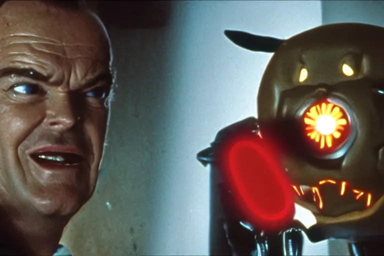 Image similar to Jack Nicholson plays Terminator Pikachu, scene where his inner exoskeleton is visible and his eye glows red, still from the film