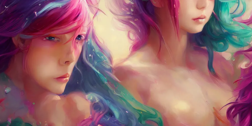 Image similar to a colorful and provenance portrait painting of a fantasy female pretty anime girl in bikini, detailed, highly detailed, hair made of hair made of air wind and curling smoke, mist, dust, genie, spirit fantasy concept art ， art by charlie bowater, trending on artstation.