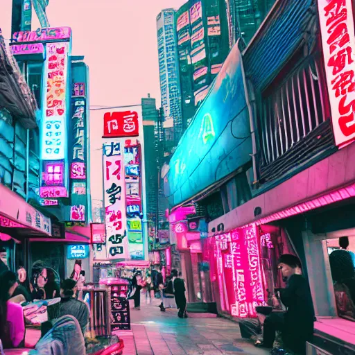 Image similar to capybara drinking bubble tea in cyberpunk, neon, pink and cyan seoul, detailed, street photography