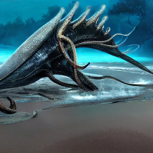 Prompt: stunning cinematic wide shot of a beautiful slick sea creature, on a beach, emerged from the ocean, amongst fulgurites, well designed perfect with slick led eyes, wearing kelp, sharp claws, hd octane render, fantasy, furry art, artstation, deviantart, furaffinity