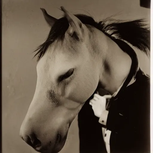 Prompt: A Diane Arbus photograph of a horse with a man's head in clown makeup, piles of empty liquor bottles