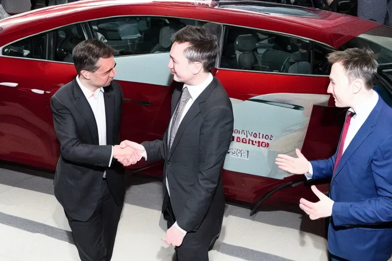 Image similar to mrbean shaking hands with elon musk