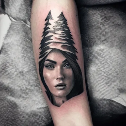 Prompt: tattoo design sketch with double exposure effect, megan fox face blended with beautiful mountain scenery, in the style of matteo pasqualin, amazing detail, mash up