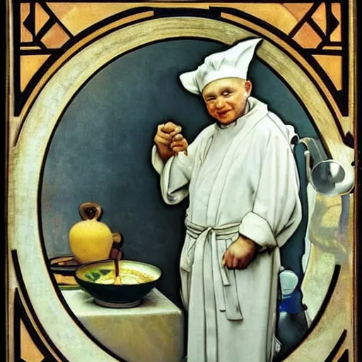 Image similar to baby yoda as a chef wearing a white apron and wearing a white chef's hat, by Jan van Eyck, by alphonse mucha