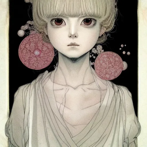 Image similar to prompt: Fragile looking vessle portrait face drawn by Katsuhiro Otomo, inspired by Carlo Dolci, magical and alchemical objects on the side, soft light, white background, intricate detail, intricate ink painting detail, sharp high detail, manga and anime 2000