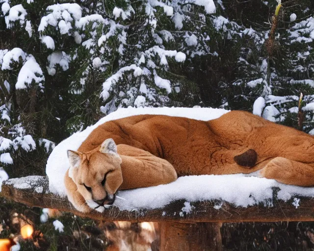 Image similar to postcard showing 'a cougar sleeping in the middle of snowy pine tree' laying on coffee table with stamp and damaged due to age, zoomed out shot, HD, iphone capture