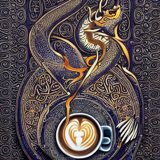 Image similar to book of kells, asian dragon breathing fire as latte art, award winning, white background, deviantart, beautiful, intricate, highly detailed, digital painting, artstation, concept art, smooth, sharp focus, illustration,