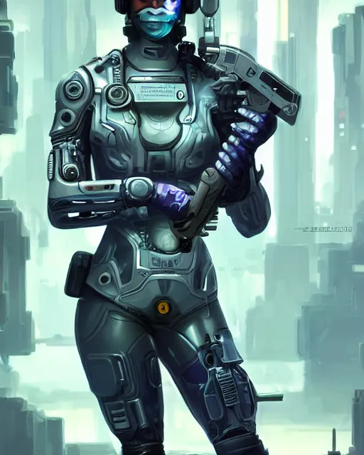 Prompt: a woman in a futuristic suit holding a gun, cyberpunk art by joseph biwald and by tyler edlin and by devine elle kurtz, cgsociety, cobra, dystopian art, sci - fi, artstation hd