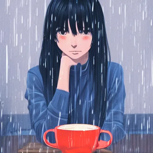 Image similar to a portrait of a beautiful girl with long black hair and bangs, wearing a red turtleneck sweater, she has red colored eyes and pale skin, sitting in a cafe alone, cozy cafe background, night time, rainy weather outside, low-key neon lighting, 4k, HQ, official media, anime key visual, makoto shinkai, ilya kuvshinov, lois van baarle, rossdraws, highly detailed, trending on artstation