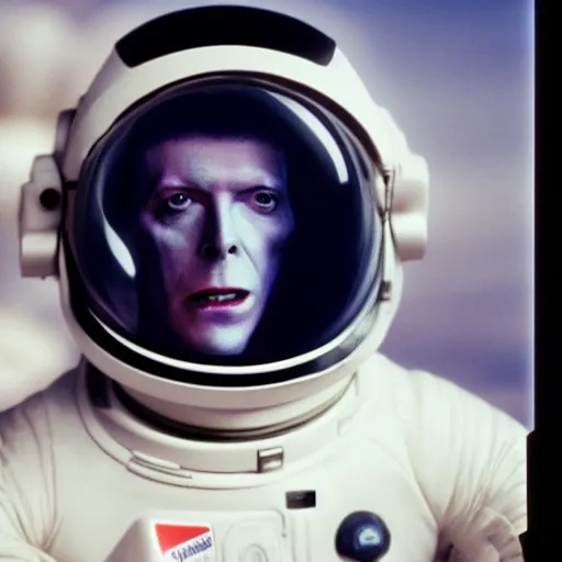 Prompt: medium - shot photo of pale david bowie!! wearing a space suit with transparent helmet, visible face, background mars surface, blurred, mystical, in the new watchmen movie, polaroid photo, instax,