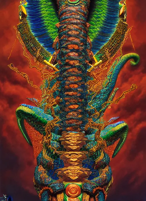 Image similar to : Quetzalcoatl shamen fantasy, fantasy magic, , intricate, sharp focus, illustration, highly detailed, digital painting, concept art, matte, jahbu art and Paul lewin and kehinde wiley, masterpiece