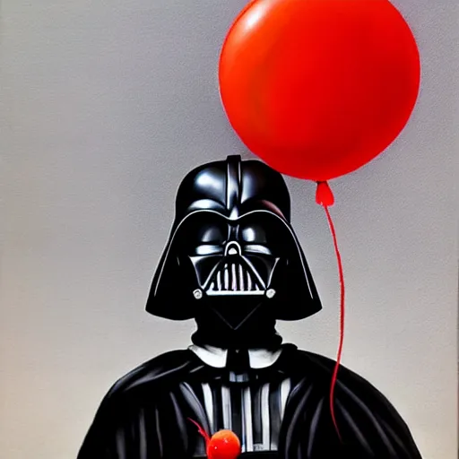 Image similar to grunge painting of darth vader with a wide smile and a red balloon by chris leib, loony toons style, pennywise style, corpse bride style, horror theme, detailed, elegant, intricate