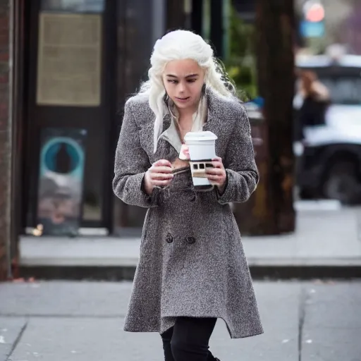 Image similar to a long shot paparazzi photographic of daenerys targaryen walking downtown vancouver, british columbia drinking starbucks, mid day lighting, candid street photography