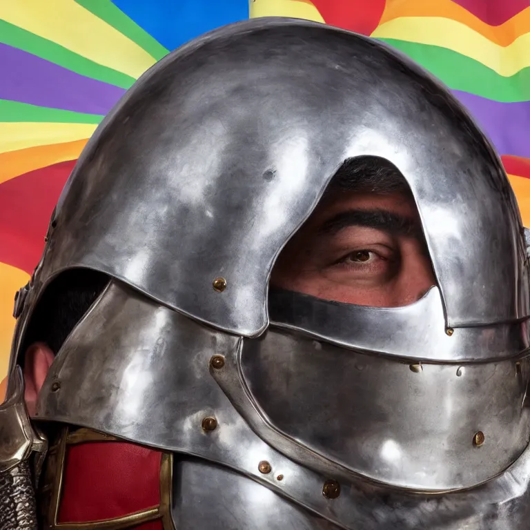 Image similar to High quality photograph from a middle aged Latin man with short hair, with facial hear, wear a medieval knight armor with open helmet, stands inside a queer pride rainbow bar UHD 8K