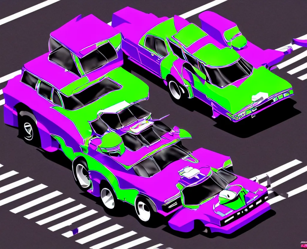 Image similar to anthropomorphic JZX100 twin turbo drift jet engine monster truck drag racer cowboy Cadillac hover-car UFO with cowboy snake facial features speeding in the road, Tokyo prefecture, Japanese architecture, city sunset mist lights, cinematic lighting, photorealistic, detailed alloy wheels, highly detailed purple green snake oil wacky races power ranger bat-mobile transformer car