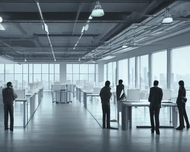 Prompt: an empty office with the lights off. all the workers are standing up, staring ahead blankly. a tall shadowy shape moves in the background. HD digital matte painting.