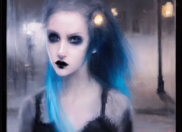 Image similar to detailed portrait of a goth punk girl with blue eyes in the city street at night, bokeh, long exposure, painting by jeremy lipking christopher doyle