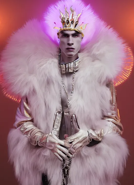 Image similar to photo of baroque and bladerunner delicate neon diamond sculpture of ceramic albino king adrien sahores seductive delicious tongue out, creamy orange iridescent humanoid deity wearing white fluffy hoody holding diamond skull in a black metallic dungeon, reclining, glowing rainbow face, crown of white diamonds, cinematic lighting, photorealistic, octane render 8 k depth of field 3 d