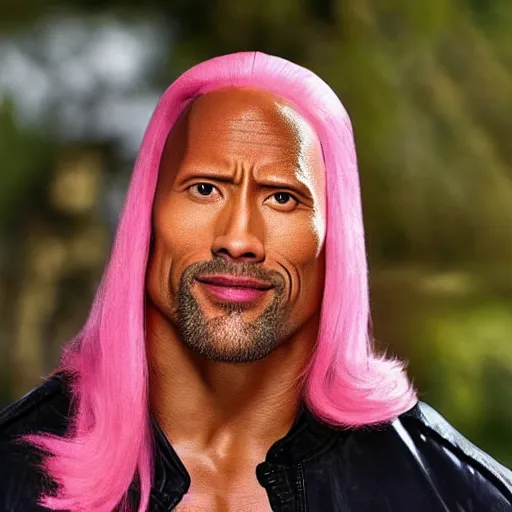 Prompt: Dwayne Johnson wearing a long pink wig