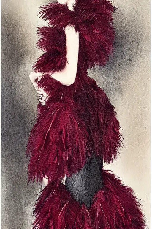 Prompt: a light feminine dress made of feathers and burgundy fur, fashion design, stylized, oil painting