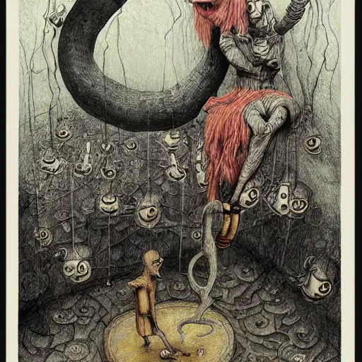 Image similar to the devil does a tap dance, by Santiago Caruso, and M.C. Escher, fairy-tale illustration style, very detailed, colorful, beautiful, eerie, surreal, psychedelic