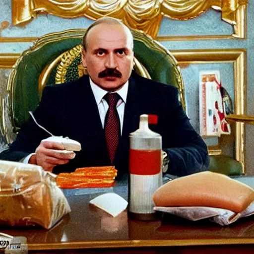 Image similar to Alexander Lukashenko in Scarface, bags of cocaine on the table, belarusian flag in the background, cinematic still