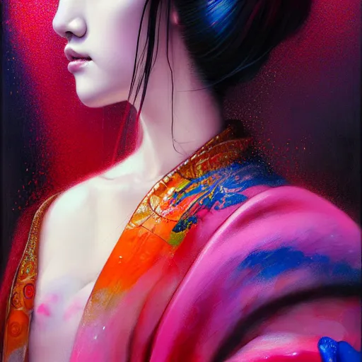 Image similar to blackpink, hyperrealistic portrait of a geisha wearing a colorful kimono, bladerunner street, by karol bak and agnes cecile, fantasy art, photo realistic, dynamic lighting, artstation, poster, volumetric lighting, very detailed face, intricate complexity, rule of thirds, 8 k, award winning