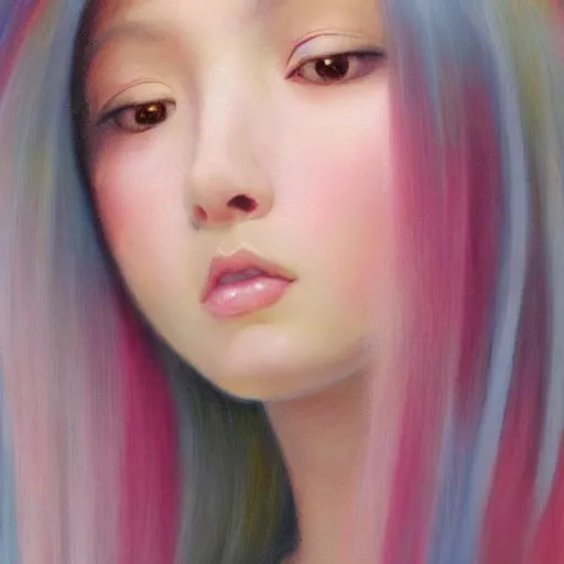 Prompt: fully body stunning serene anime portrait of a young woman of middling height with a light complexion by Mark Arian, oil on canvas, masterpiece, ultrarealism, piercing gaze, autumn bokeh, hair reaches near her mid-back and forms rounded locks mainly blue in coloration, but with thin, pink-colored streaks running through, one white streak of hair over her left eye, blunt bangs fall on her forehead, split near the left, and an ahoge stands up on her head, has horns: a sharp, upward-curving pair emerging from the sides of her head, white in color, that resembles a bull\'s, eyes are large, round, fringed by long lashes, and encompass violet irises, lower face up to the nose is covered by a pink face mask with a scalloped edge, trimmed with a white stripe, wearing a long-sleeved minidress that is white and pleated above the waist, with a blue bow below a point collar, the dress\'s lower, light-blue, and non-pleated section, with a button placket in the middle, ends in a short skirt part that has a slightly ruffled hem, leaving most of her legs visible. Fastened on her shoulders is a darker-blue cape trimmed with light-blue fur on its edges with blue insides, which goes near the ground, and her footwear is red high heels, view from below
