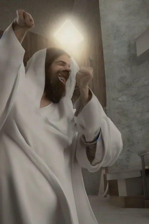 Image similar to jesus christ wearing a white robe, dancing in the emergency room, hyper detailed, accent lighting, dramatic light, 4 k octane render