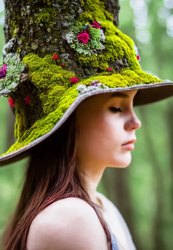 Prompt: a close up of a person in a forest with a beautiful hat made of lichen and flowers, depth of field portrait, hd photography, intricate