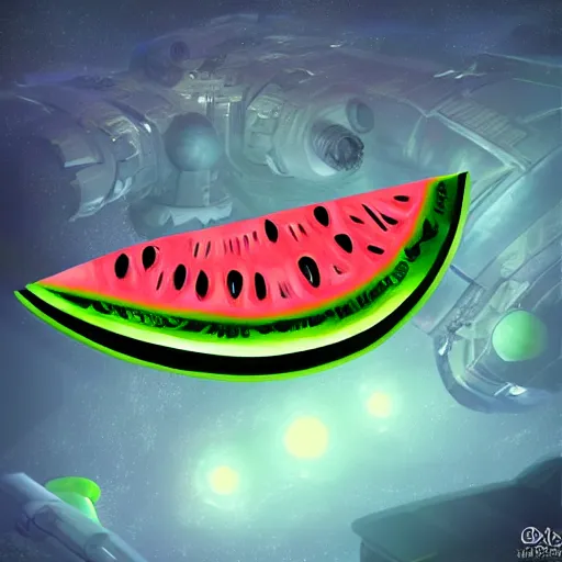 Prompt: Very highly detailed Cybertronic Watermelon space ship. Realistic Concept digital art, epic dimensional light