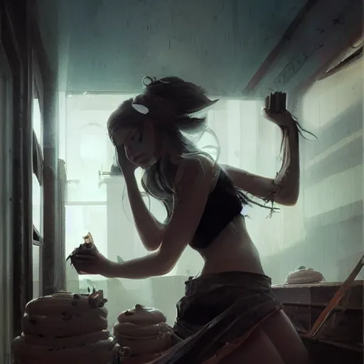 Image similar to awoke to the violent crunch of metal on wood, radiator, sweet smells of antifreeze and cupcakes, by wlop, artgerm, greg rutkowski