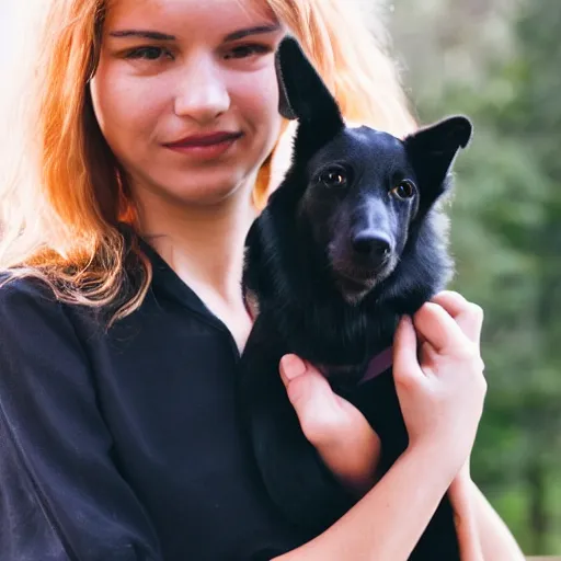 Image similar to a young woman holding a black dog