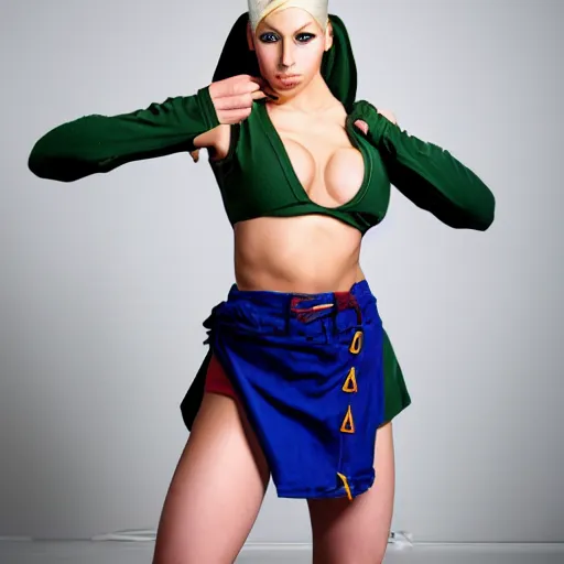Image similar to cosplaying as cammy from street fighter, high kick, studio lighting, professional photograph
