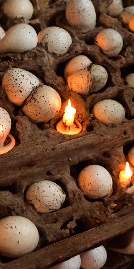 Image similar to a large old wooden cabinet full of extremely detailed scary alien eggs, burning candels in front, beautifull low light