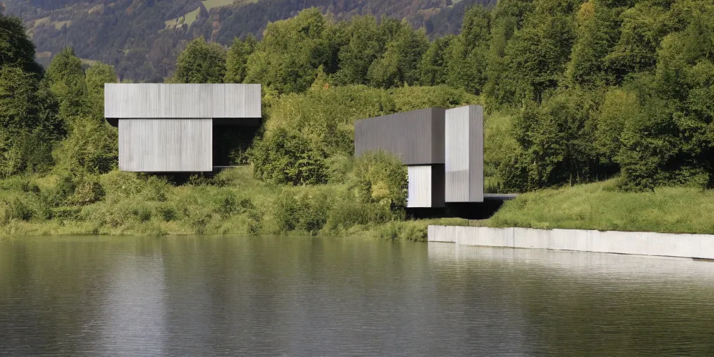 Image similar to a house by the river rhein close to mumpf designed by peter zumthor, beautiful ambient light, silver hour