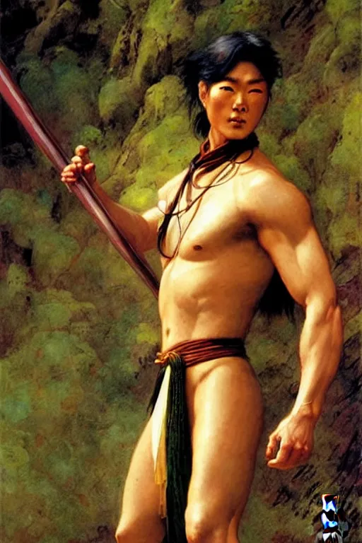 Image similar to wuxia, muscular male, character design, ancient china, colorful, painting by gaston bussiere, craig mullins, j. c. leyendecker, tom of finland