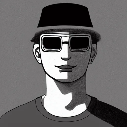 Prompt: a drawing of a person wearing a hat and glasses, an anime drawing by aquirax uno, reddit contest winner, computer art, flat shading, minimalist, contest winner