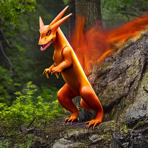 Prompt: realistic national geographic professional photo of charizard in the wild, award winning