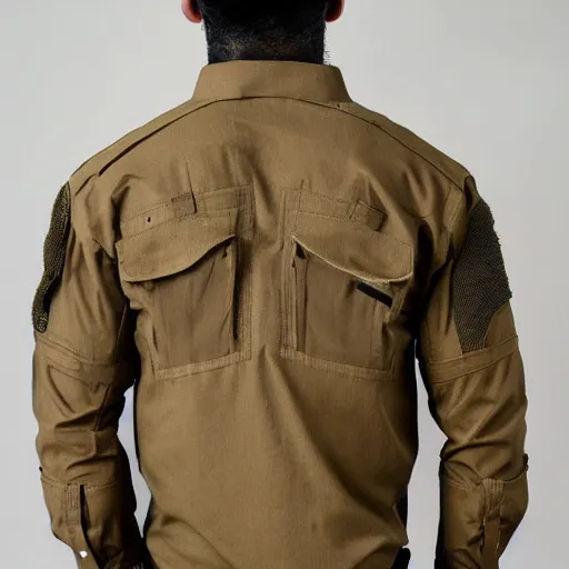 Prompt: intricate tactical cargo buckskin shirt