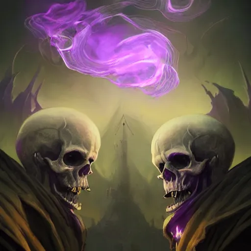 Image similar to floating skulls with violet smoke trails, two fangs, violet theme, epic fantasy digital art style, fantasy artwork, by Greg Rutkowski, fantasy hearthstone card art style