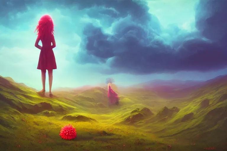 Image similar to giant dahlia flower over head, girl walking on mountain, surreal photography, stars, dramatic light, impressionist painting, storm clouds, digital painting, artstation, simon stalenhag