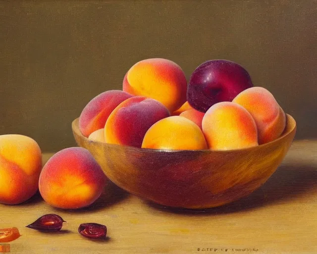 Prompt: peaches, apricots, plums lie in a wooden bowl on a table, in the style of impressionism