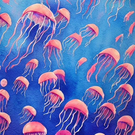 Prompt: watercolor painting : there are countless jellyfish swimming in the blue sky