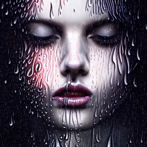 Image similar to dramatic asthetic portrait of LSD in rain with wet hair and face, liquid, fantasy, intricate, elegant, dramatic lighting, highly detailed, lifelike, photorealistic, digital painting, artstation, illustration, concept art, smooth, sharp focus, art by John Collier and Albert Aublet and Krenz Cushart and Artem Demura and Alphonse Mucha