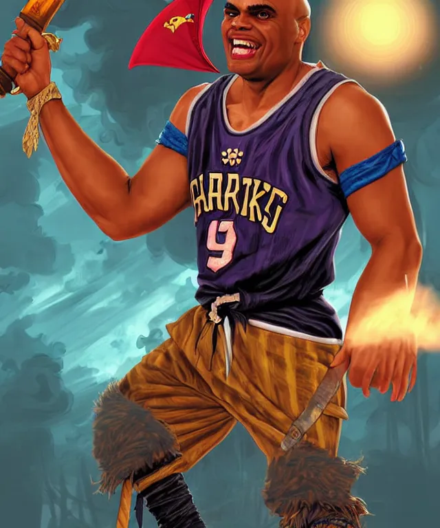 Prompt: fantasy comic style portrait of ( 1 9 9 2 charles barkley ) as a pirate, digital illustration by ken taylor and sana takeda, hd, 4 k, intricate, highly detailed!!, character design, cover art, award winning