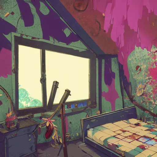 Prompt: painted anime background of the interior of a bedroom in the slums built from various coral seashells and being reclaimed by nature, nostalgia, vaporwave, litter, steampunk, cyberpunk, caustics, anime, vhs distortion, inspired by splatoon by nintendo, art created by miyazaki