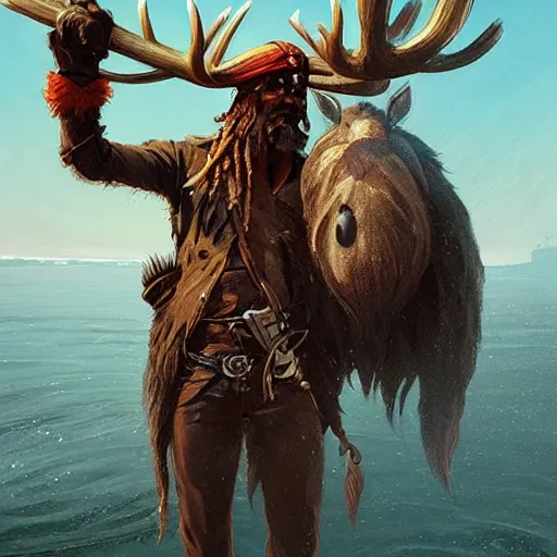 Image similar to hairy pirate with moose head by greg rutkowski