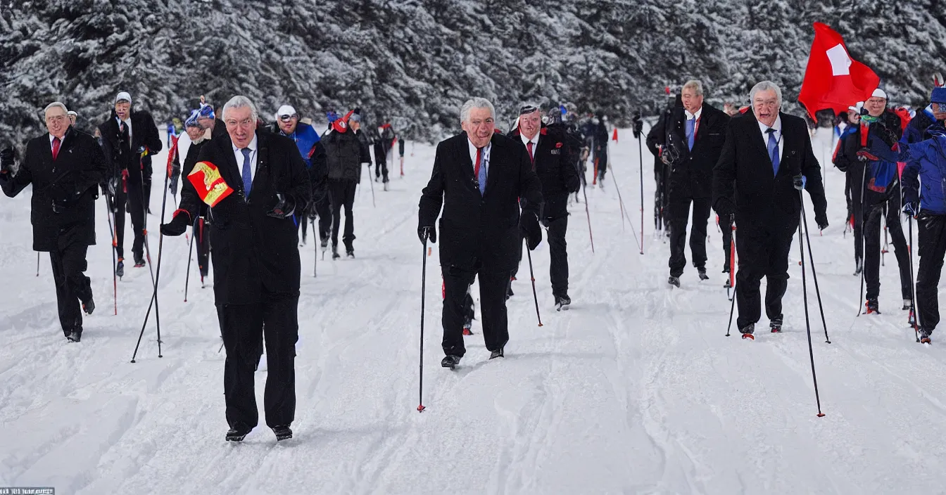 Image similar to czech president milos zeman wins in a race in cross - country skiing, photorealism, journalistic photography, super detail, composition, qualitative photography