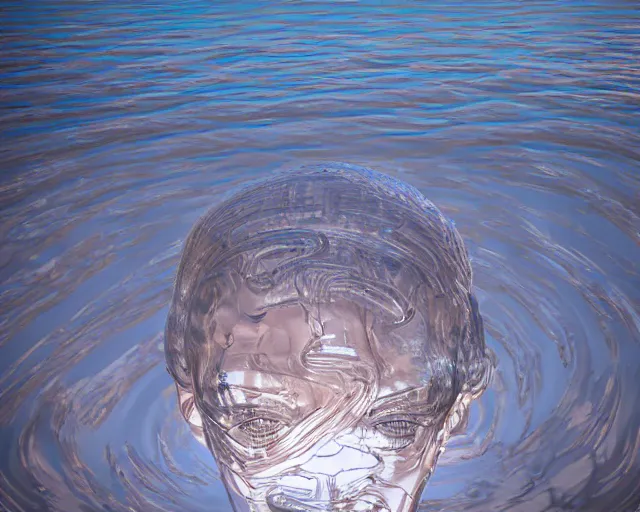 Image similar to a long shot of a giant award winning sculpture of a human head made out transparent jelly, on the surface of the ocean, in the style of chad knight, hyper detailed, hyper realistic, ray tracing, 8 k resolution, sharp focus, realistic water